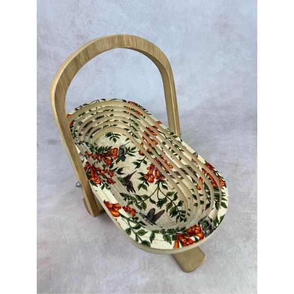 Vintage Mod MCM Floral Collapsible Wooden Basket Bowl Wall Art Decor Hummingbird - Picture 3 of 7